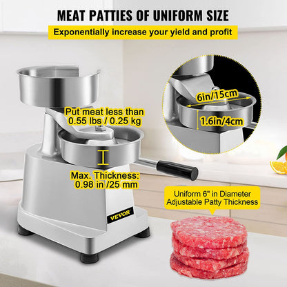 VBENLEM Commercial Hamburger Patty Maker 150Mm/6Inch Stainless Steel Burger Press Heavy Duty Hamburger Press Meat Patty Maker Hamburger Forming Processor with 1000 Pcs Patty Papers
