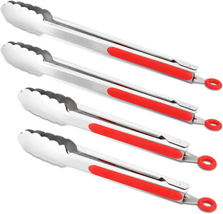 304 Stainless Steel Kitchen Cooking Tongs, 9" and 12" Set of 4 Sturdy Grilling Barbeque Brushed Locking Food Tongs with Ergonomic Grip, Red