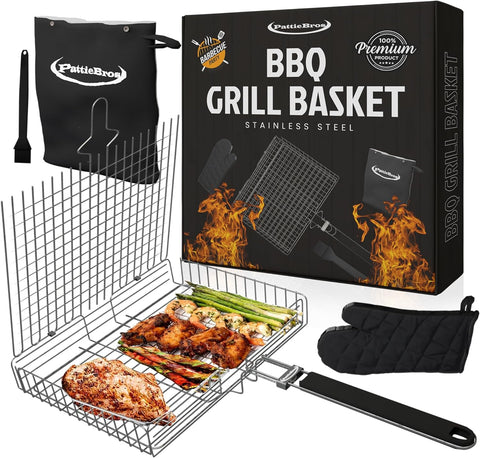 Image of Grilling Basket with REMOVABLE HANDLE and Foldable Handle, BBQ Basket, Stainless Steel, Grilling Accessories Camping Set, Fish Basket for Grilling, for Outdoor Grill Indoor Grill, Grill Mitts, Basting Brush, Carry Bag