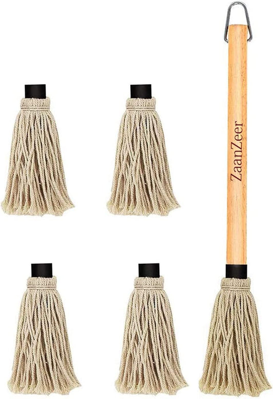Zaanzeer 18 Inches BBQ Mop with Wooden Handle and 4 Extra Replacement Cotton Fiber Basting Mop Heads for Grilling and Smoking Steak