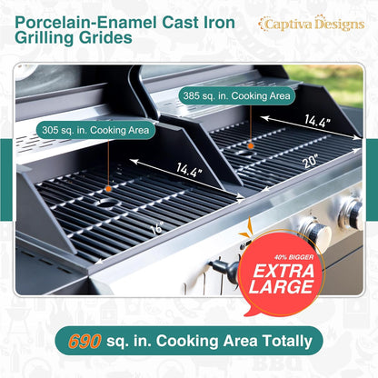 Captiva Designs Propane Gas Grill and Charcoal Grill Combo with Side Burner & Porcelain-Enameled Cast Iron Grate, Dual Fuel BBQ Grill for Outdoor Kitchen & Backyard Barbecue, 690 SQIN Cooking Area