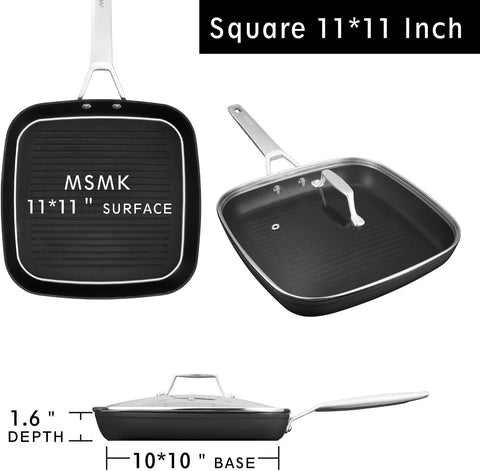 Image of Square Grill Pan with Lid, Stay-Cool Handle, Each Ridge Nonstick, Oven Safe Dishwasher Safe Induction Grill Pans for Stove Tops, Square Frying Pan, Bacon Pan, Indoor Chicken Skillet, 11-Inch