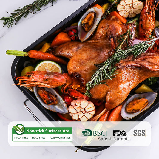 HONGBAKE Small Roasting Pan with Flat Rack, Nonstick Chicken Roaster Tray, Mini Oven Pans for Cooking Lasagna with Stainless Steel Handles, 16 X 11Inch