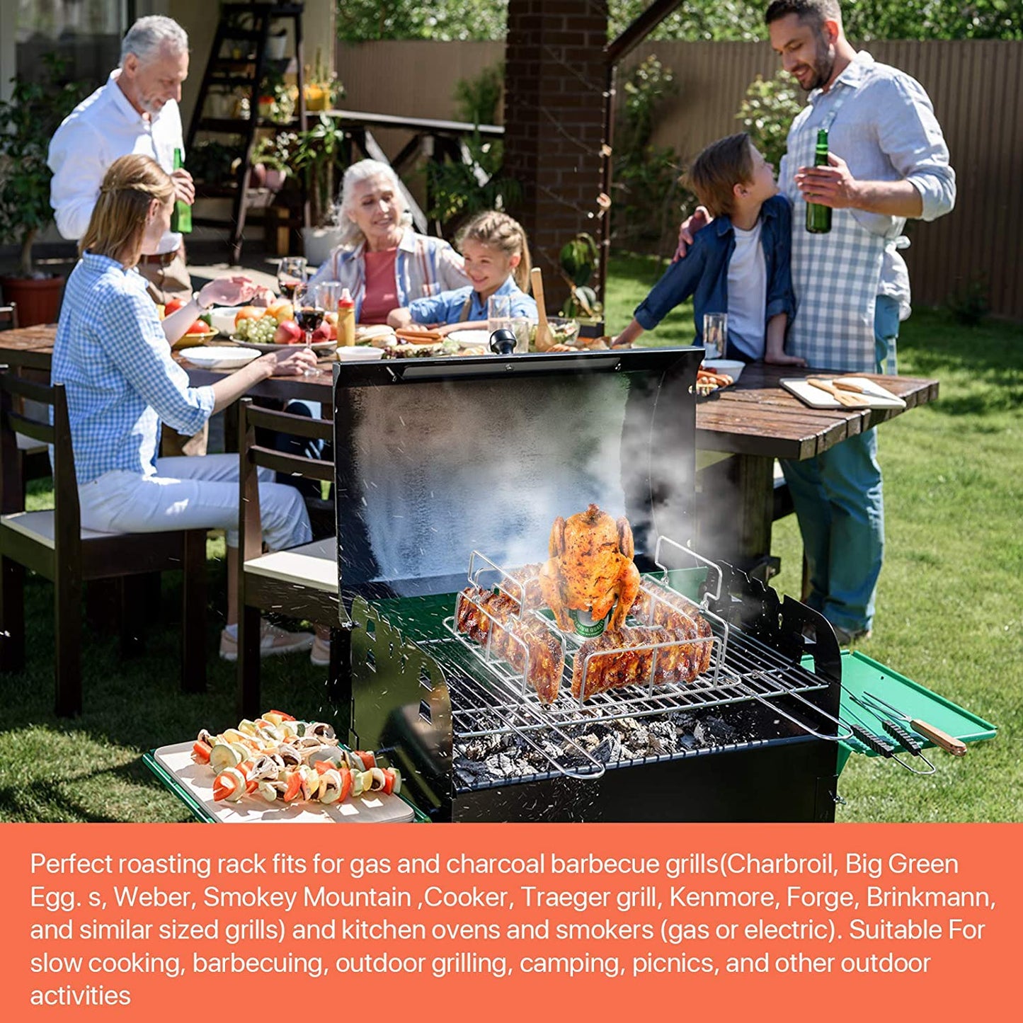 RUSFOL Beercan Chicken Roaster and Rib Rack with a Silicone Oil Brush, Square Stainless Steel BBQ Stand for Smoker,Oven and Grill, Cook up to 4 Ribs and a Whole Chicken at a Time