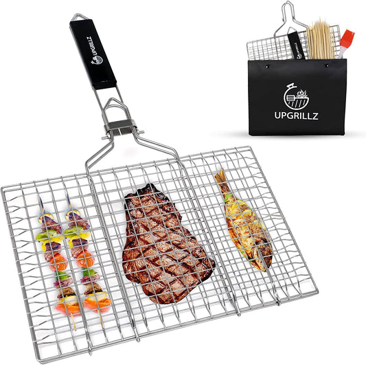 BBQ Fish Grill Basket for Outdoor Grill, Stainless Steel Vegetable Grilling Basket with Detachable and Foldable Handle Includes 50 Bamboo Skewers, Basting Brush, and Carry Bag