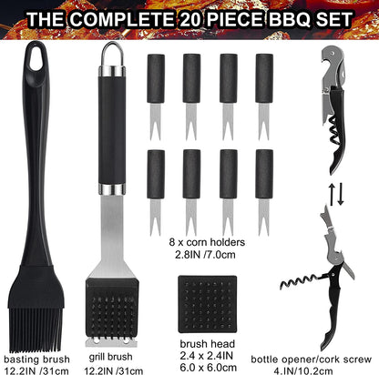 20PCS BBQ Grill Tools Set - Extra Thick Stainless Steel Fork, Spatula, Tongs& Cleaning Brush - Complete Barbecue Grilling Utensils Set in Aluminum Storage Case - Perfect Grill Gifts for Men