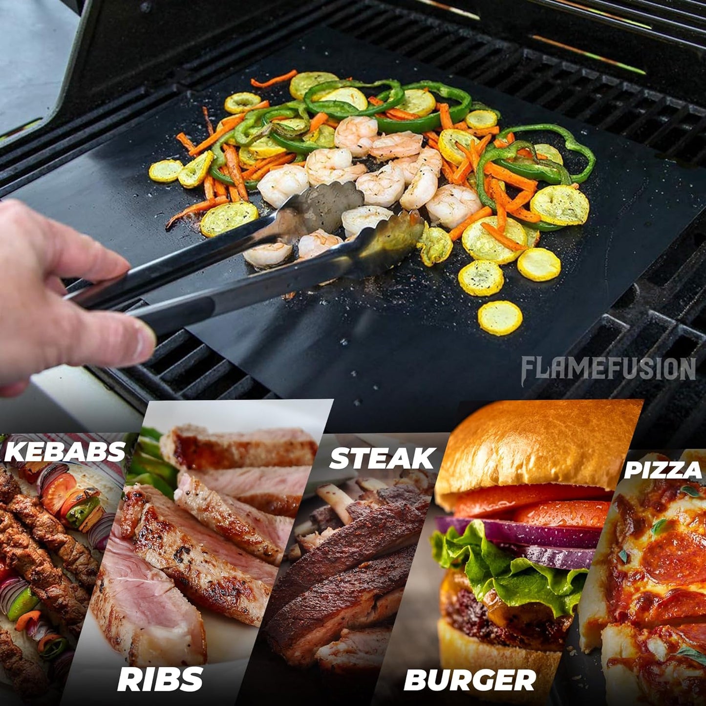 Flamefusion Grill Mat - Heavy Duty 600 Degree BBQ Grill Mat for Outdoor Grilling (Set of 5) | Extended Warranty