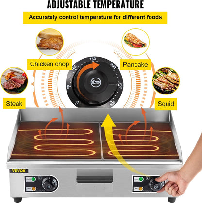 30" Commercial Electric Griddle 3000W Electric Countertop Griddle Non-Stick Restaurant 110V Teppanyaki Flat Top Grill Stainless Steel Adjustable Temperature Control 122°F-572°F (NO PLUG)