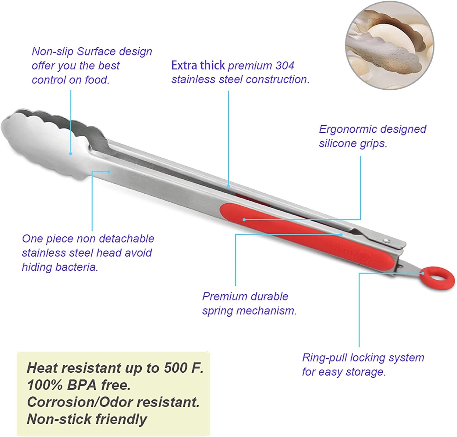304 Stainless Steel Kitchen Cooking Tongs, 9" and 12" Set of 4 Sturdy Grilling Barbeque Brushed Locking Food Tongs with Ergonomic Grip, Red