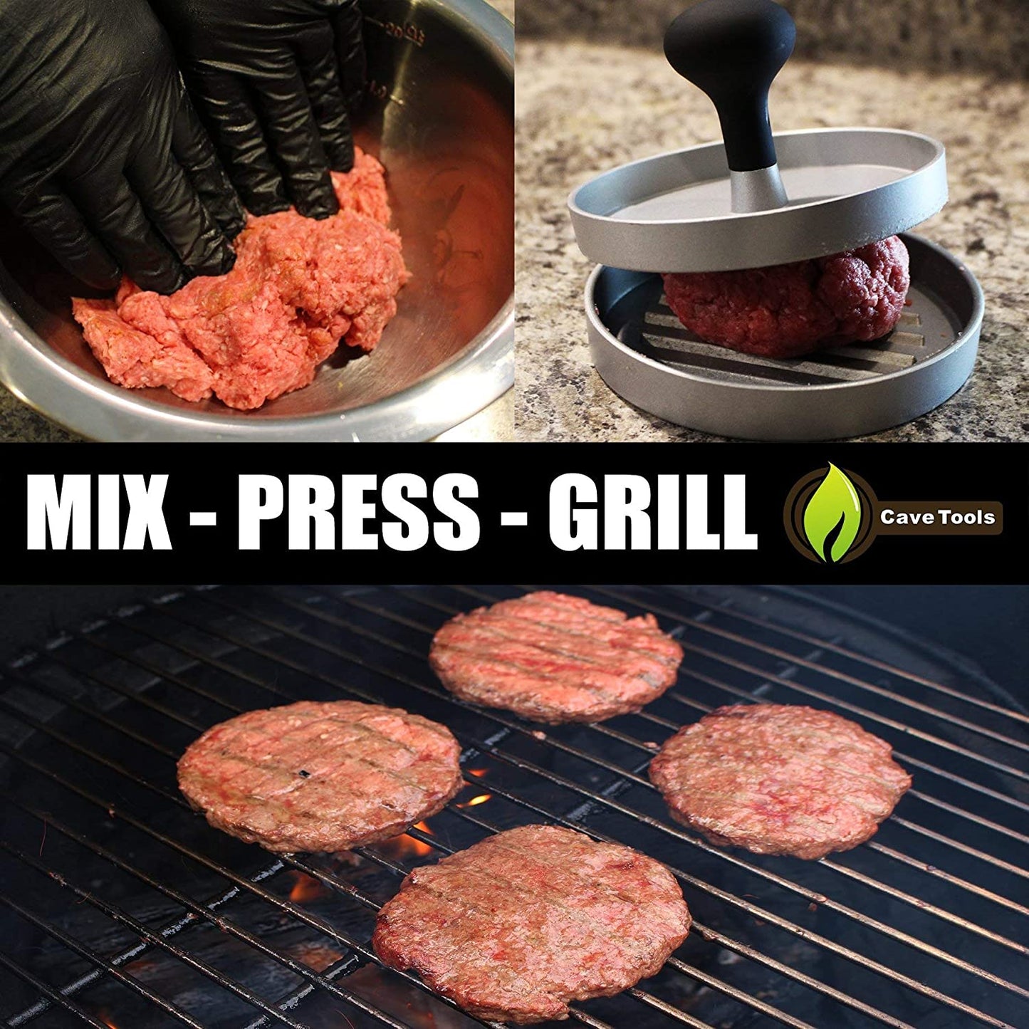 Cave Tools Burger Press - Perfectly Formed Hamburger Maker - Includes 200 Non Stick Patty Papers for Making 1/4 Lb or 1/3 Lb Stuffed Pocket Burgers - Aluminum Presser