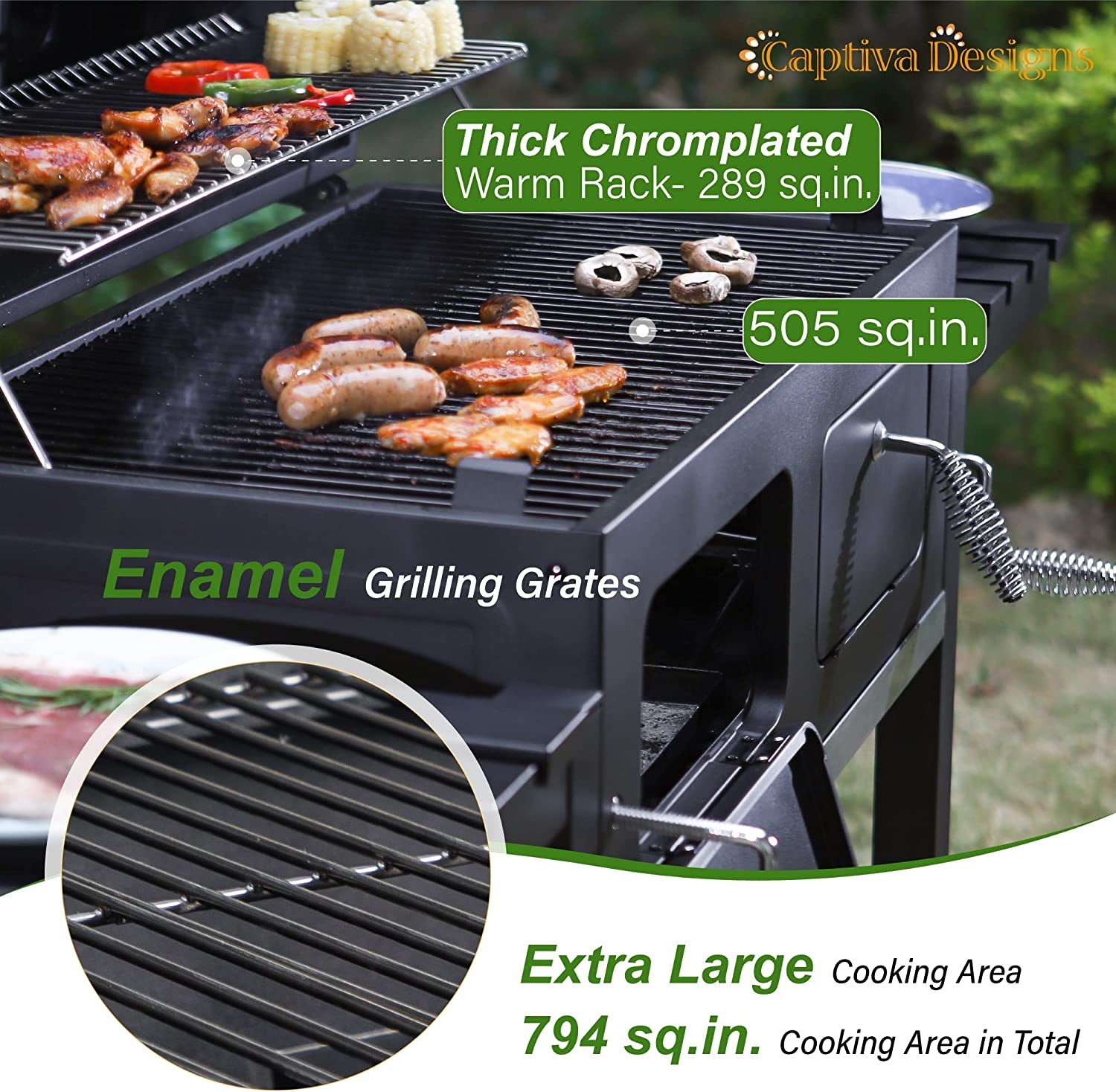 Captiva Designs Extra Large Charcoal BBQ Grill with Oversize Cooking Area(794 Sq.In.), Outdoor Cooking Grill with 2 Individual Lifting Charcoal Trays and 2 Foldable Side Tables