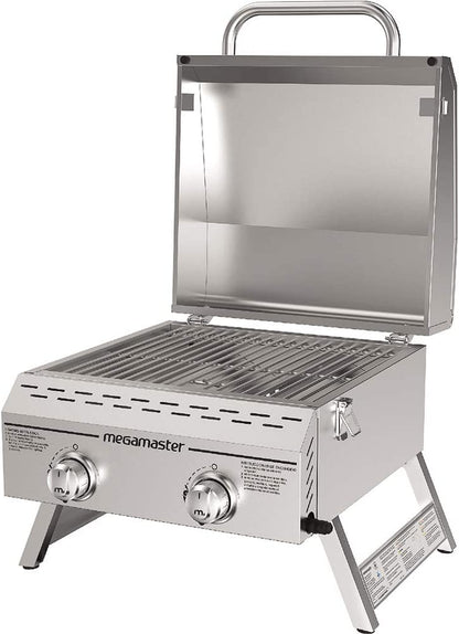Megamaster Premium Outdoor Cooking 2-Burner Grill, While Camping, Outdoor Kitchen, Patio Garden, Barbecue with Two Foldable Legs, Silver in Stainless Steel