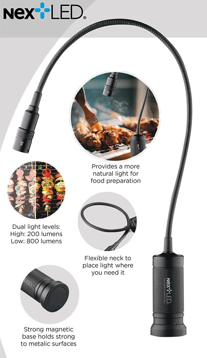 NT-7647-F Magnetic BBQ Grilling Light for Outdoor Grill, 18-Inch Flexible Gooseneck, Heat & Weather Resistant, IP-54, Warm Natural Lighting Shows True Color of Your Food, Perfect Grill Gift