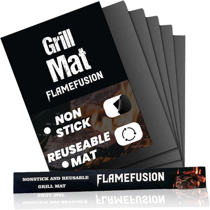 Flamefusion Grill Mat - Heavy Duty 600 Degree BBQ Grill Mat for Outdoor Grilling (Set of 5) | Extended Warranty