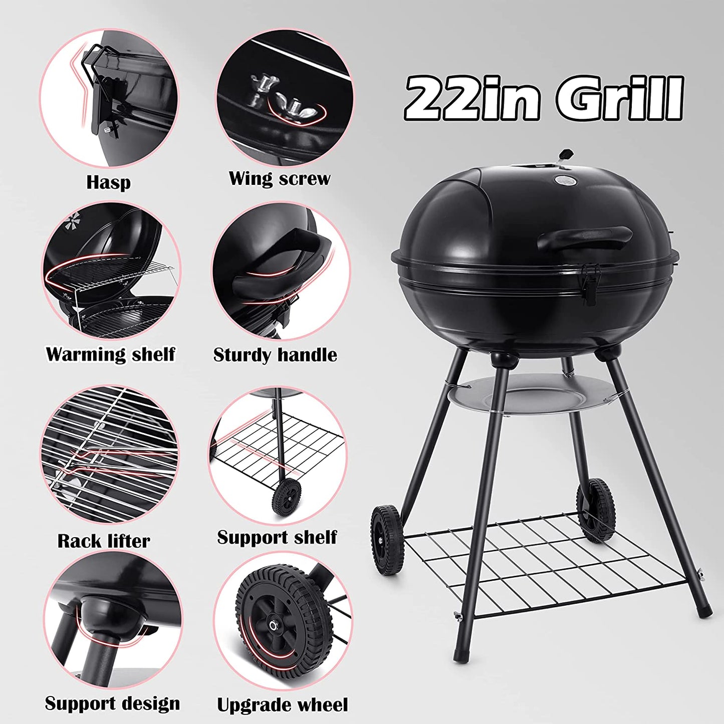 22-Inch Charcoal Kettle Grill Set of 12, Hasteel 2 Layer Grilling Racks Outdoor BBQ Grill, Heavy Duty Large Enameled Grills with Grilling Accessories for Camping Backyard Picnic, Barbecue Spatula