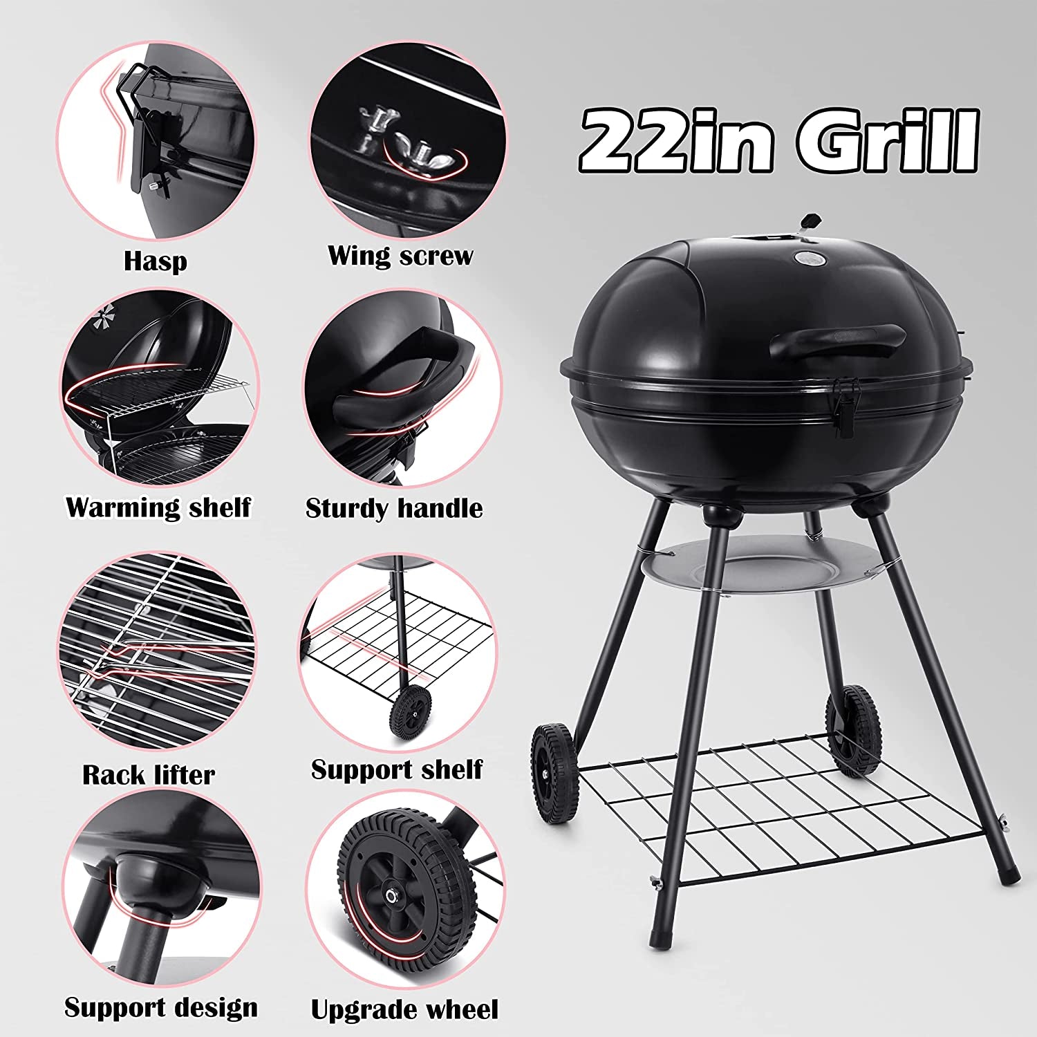 22-Inch Charcoal Kettle Grill Set of 12, Hasteel 2 Layer Grilling Racks Outdoor BBQ Grill, Heavy Duty Large Enameled Grills with Grilling Accessories for Camping Backyard Picnic, Barbecue Spatula