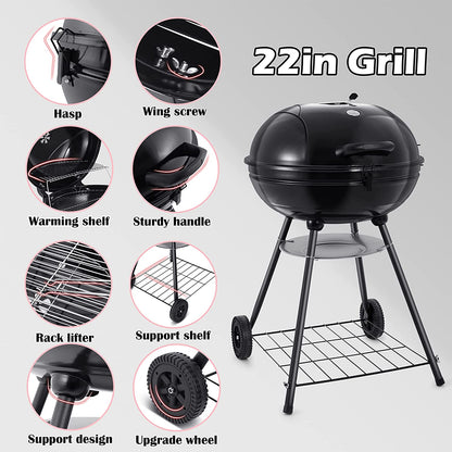 22-Inch Charcoal Kettle Grill Set of 12, Hasteel 2 Layer Grilling Racks Outdoor BBQ Grill, Heavy Duty Large Enameled Grills with Grilling Accessories for Camping Backyard Picnic, Barbecue Spatula