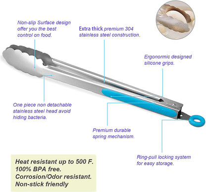 304 Stainless Steel Kitchen Cooking Tongs,9" and 12" Set of 4 Sturdy Grilling Barbeque Brushed Locking Food Tongs with Ergonomic Grip, Blue