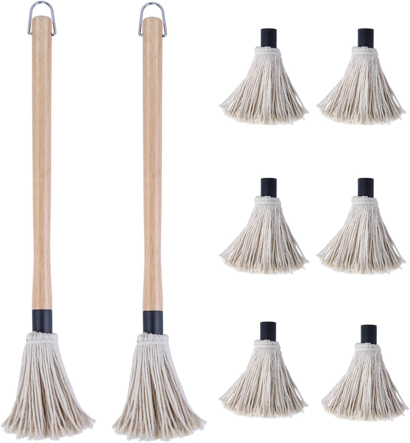 Donxote 18 Inch BBQ Mop Brush Set of 2, with 6 Extra Replacement Heads, Wooden Long Handle Cotton Head Mopping Basting Grill Sauce Perfect for Grilling Smoking Steak Marinade or Glazing