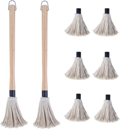Donxote 18 Inch BBQ Mop Brush Set of 2, with 6 Extra Replacement Heads, Wooden Long Handle Cotton Head Mopping Basting Grill Sauce Perfect for Grilling Smoking Steak Marinade or Glazing