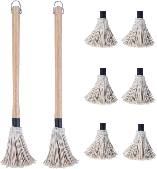 Donxote 18 Inch BBQ Mop Brush Set of 2, with 6 Extra Replacement Heads, Wooden Long Handle Cotton Head Mopping Basting Grill Sauce Perfect for Grilling Smoking Steak Marinade or Glazing