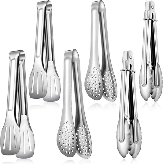 6 Pieces Buffet Tongs Set Stainless Steel Food Serving Tongs 3 Styles Rust-Resistant Locking Grill Food Tongs for Cooking, Grilling, Salad, Barbecue, Buffet, Kitchen (7 Inch, 9 Inch)