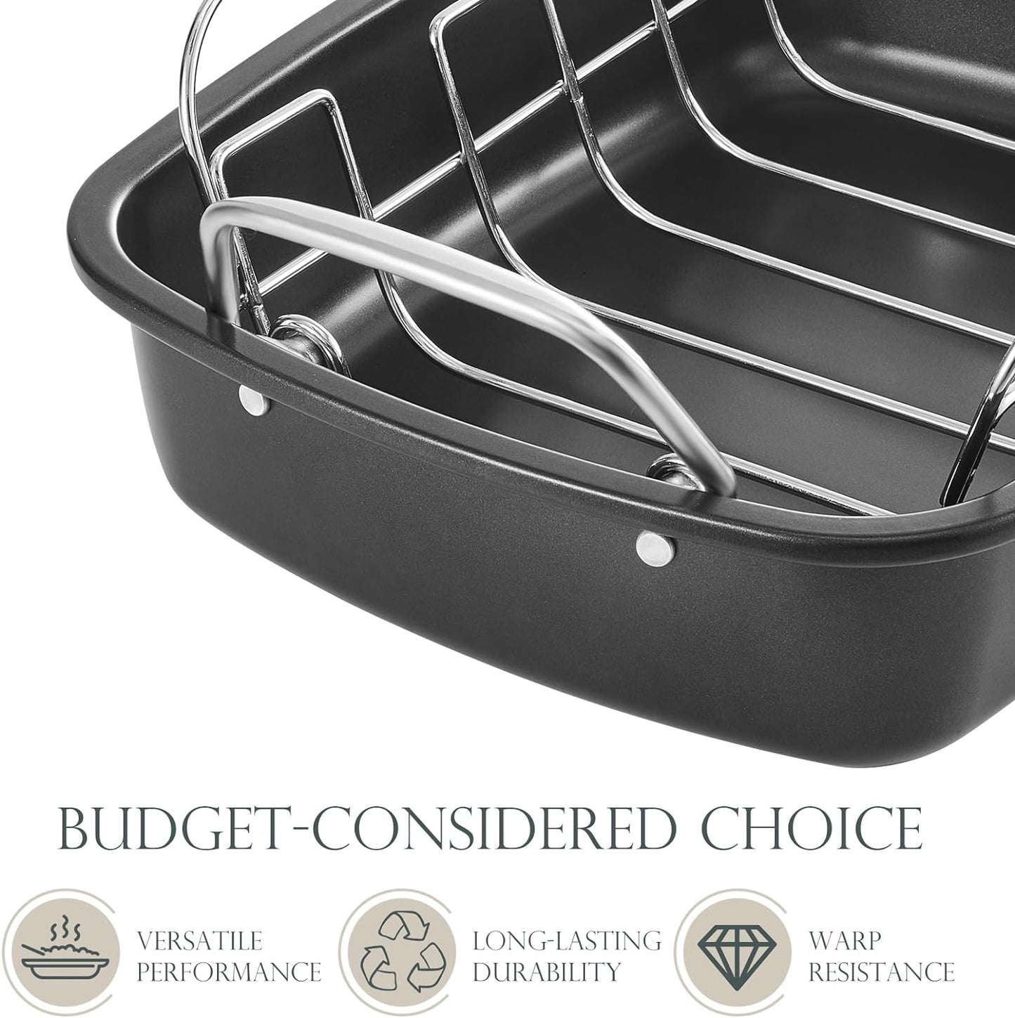 KITESSENSU Nonstick Turkey Roasting Pan with Rack 17 X 14 Inch - Large Chicken Roaster Pan for Oven - Wider Handles & Heavy Duty Construction - Suitable for 24Lb Turkey, Gray
