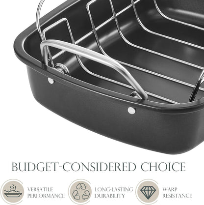KITESSENSU Nonstick Turkey Roasting Pan with Rack 17 X 14 Inch - Large Chicken Roaster Pan for Oven - Wider Handles & Heavy Duty Construction - Suitable for 24Lb Turkey, Gray