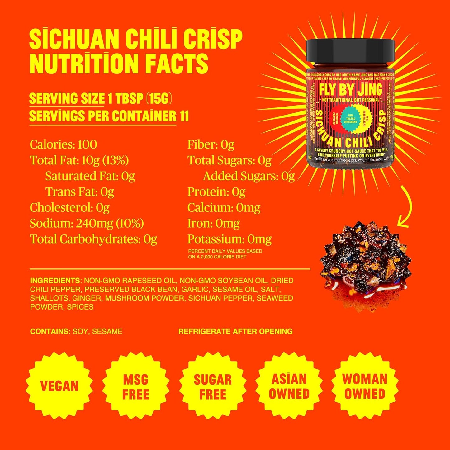FLYBYJING Sichuan Chili Crisp, Gourmet Spicy Tingly Crunchy Hot Savory All-Natural Chili Oil Sauce W/Sichuan Pepper, Versatile Sauce Good on Everything and Vegan, 6Oz (Pack of 1)