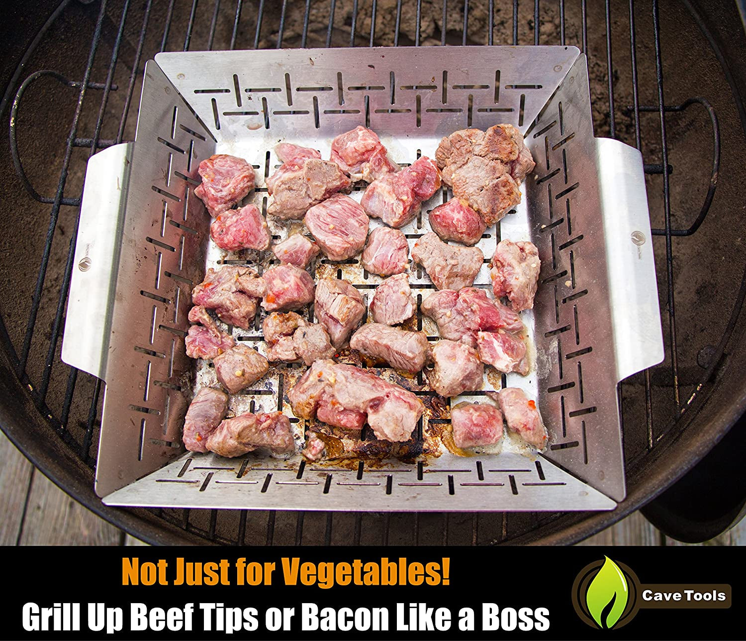 Cave Tools Vegetable Grill Basket - Large Non Stick BBQ Grid Pan for Vegetables, Meat, Fish, Shrimp, & Fruit - Dishwasher Safe Stainless Steel - BBQ Grill Accessories