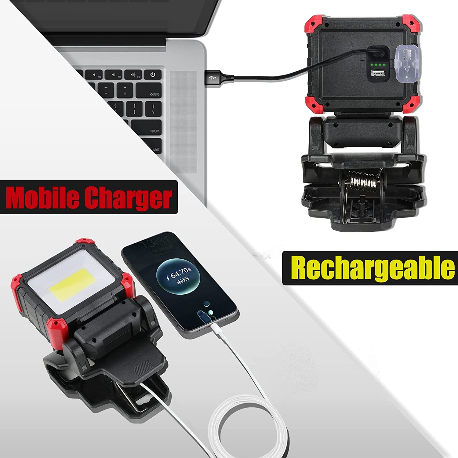 LED Rechargeable Work Light with Clamp, 2100LM COB Magnetic Clip on Worklight 270° Rotating with Mobile Charger, Portable Clamp Work Light for Boats, Car Repairing, Job Site Lighting(1Pack)