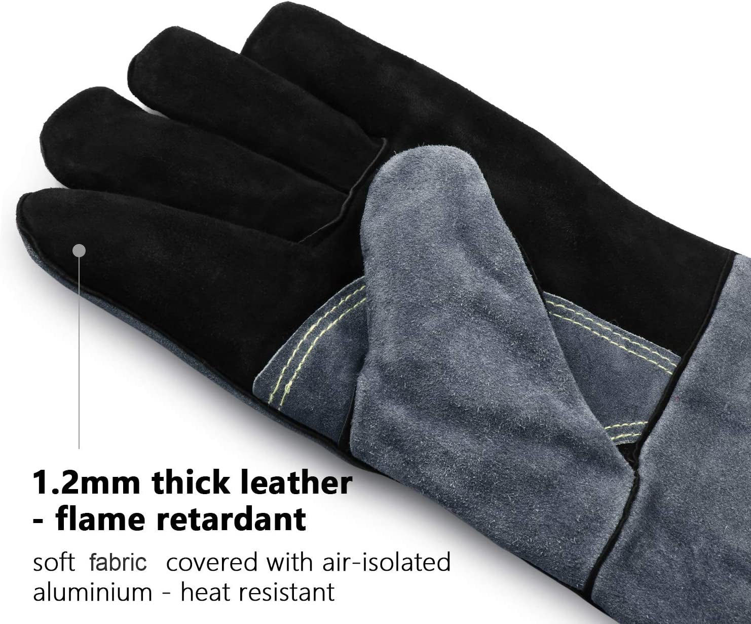 932°F Heat Resistant Welding Gloves 16 Inches Cowhide Leather - Long Sleeve and Insulated Lining BBQ Glove for Tig Welder/Mig/Grill/Barbecue/Green Egg/Stove Black-Gray