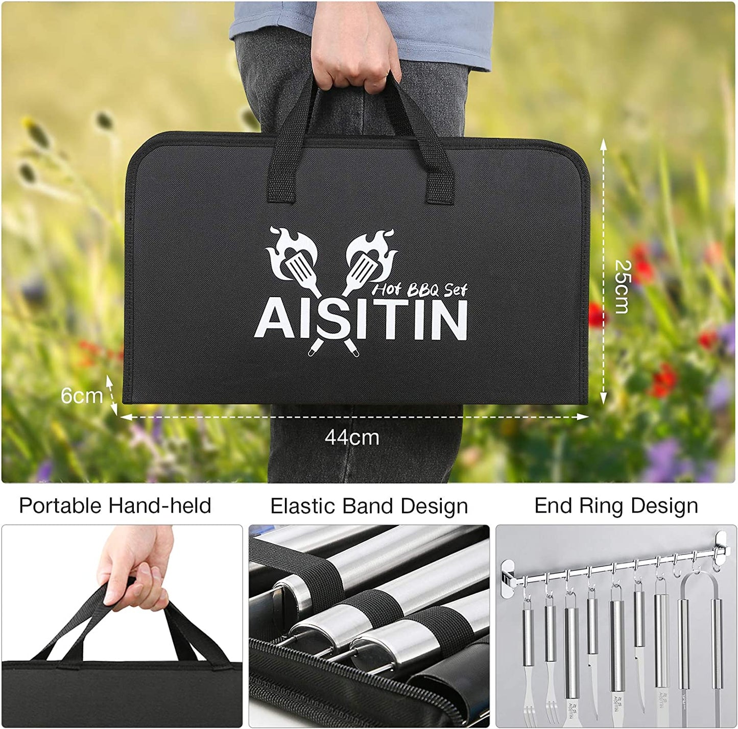 AISITIN 35PCS Grill Accessories BBQ Tools Set, Stainless Steel Grilling Kit with Thermometer, Fork, Tongs and Spatula, Meat Injector, Grill Mat - Gifts for Dad Durable, Stainless Steel Grill Tools