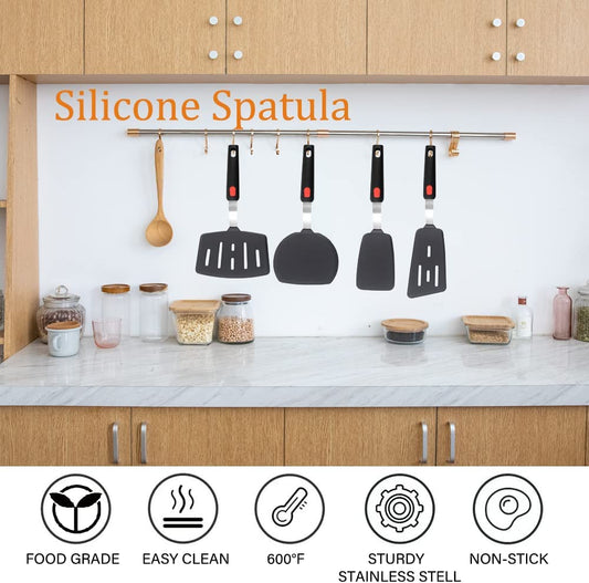 Silicone Spatula Turner, 4-Pack Spatulas 600°F Heat Resistant Set for Nonstick Cookware, Kitchen Cooking Utensils BPA Free Rubber Egg, Crepe, Pancake,Burger,Fish