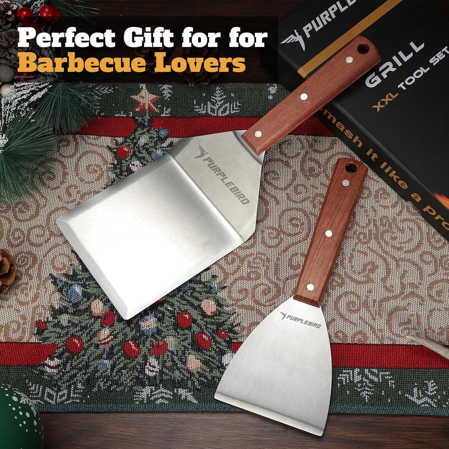 PURPLEBIRD Extra Large Grill Spatula Set Stainless Steel Smash Burger Spatula Kit, 5.5 X 5 Inch BBQ Griddle Spatula and Grill Scraper, Griddle Tools, Grill Utensils for Camping