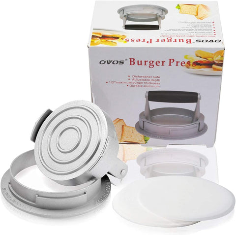 Image of OVOS Burger Press Adjustable Thickness 3 in 1 Hamburger Patty Maker Aluminum Non Stick Patty Making Mold with 100 Wax Papers for Burgers and Meat Patties