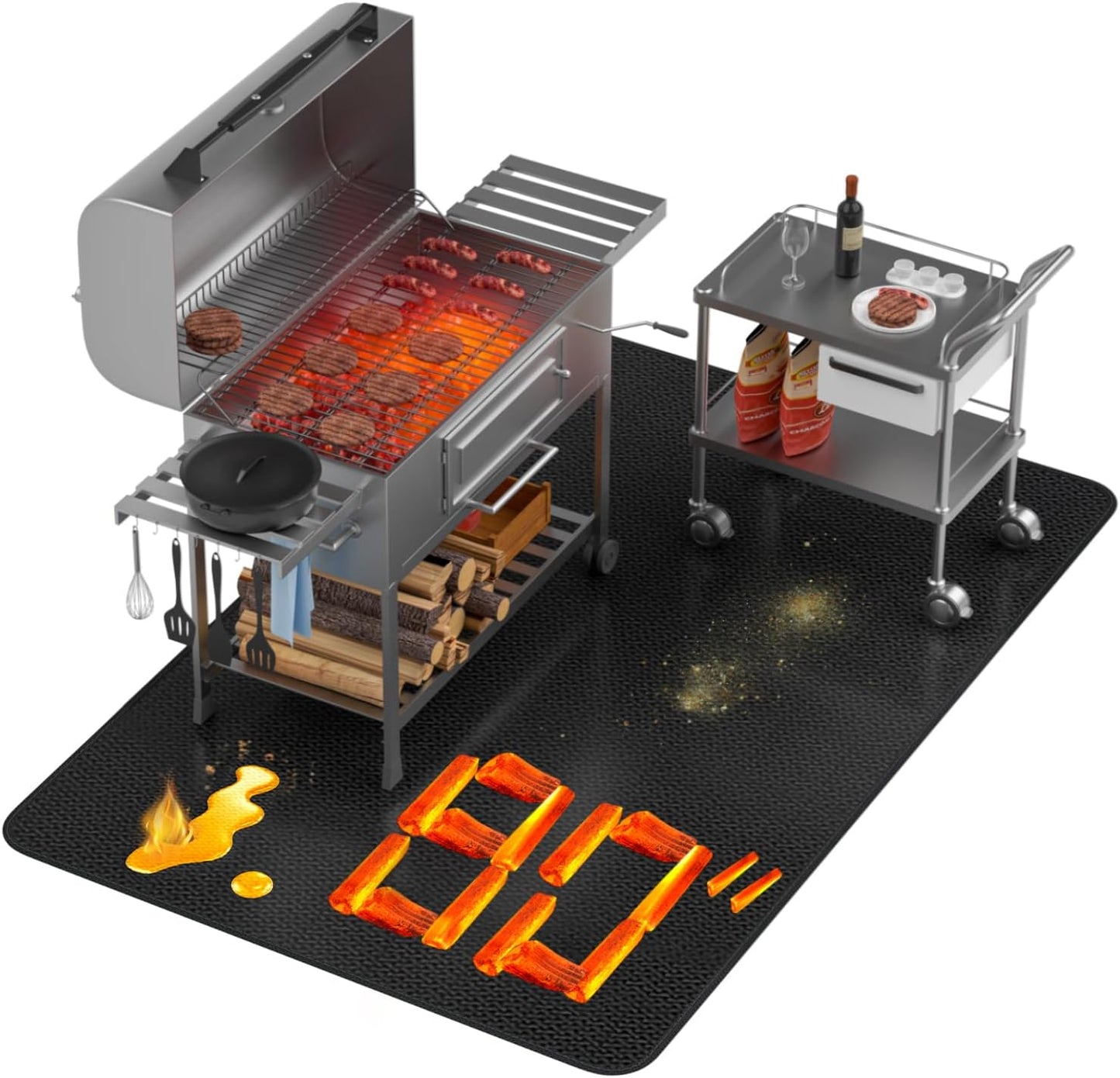 Extra Large 80X48 Inch Grill Mat for Outdoor under BBQ, Griddle, Charcoal, Flat Top, Smoker, Stove, Wood Deck & Patio Protective Mat, Indoor Fireplace Mats, Front Back Sides Fireproof Waterproof Pad