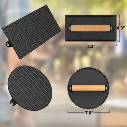 Wildone Burger Press, 7" round & 8.2"X4.3" Rectangle Heavy-Duty Cast Iron Smash Bacon Press Meat Steak with Wood Handle for Griddle, Sandwich, Panini, Nonstick Pan