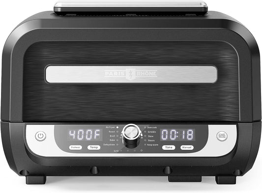 Smokeless Indoor Grill with Air Fryer,  Electric Air Fryer Grill Combo, 12-In-1 for Grill, Griddle, Slow Cook, Broil, Bake, Crisp, Roast, Dehydrate, Dual Heating Elements, Easy Knob Control