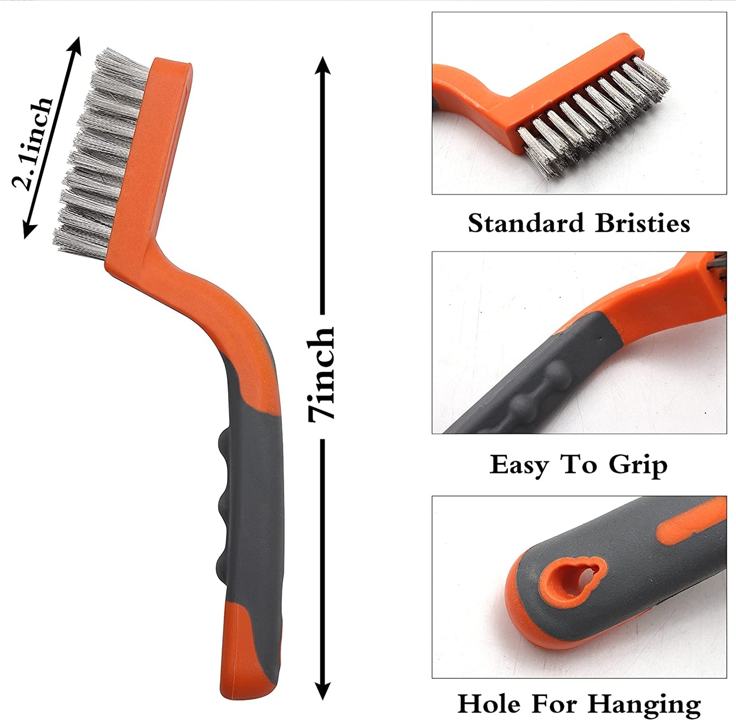 Wire Brush 3 Pcs Brass/Stainless Steel/Nylon Wire Brushes for Cleaning Rust Bristle Brush Set with Rubber Curved Handle Grip Used for Dirt, Paint Remover (Orange+ Gray)