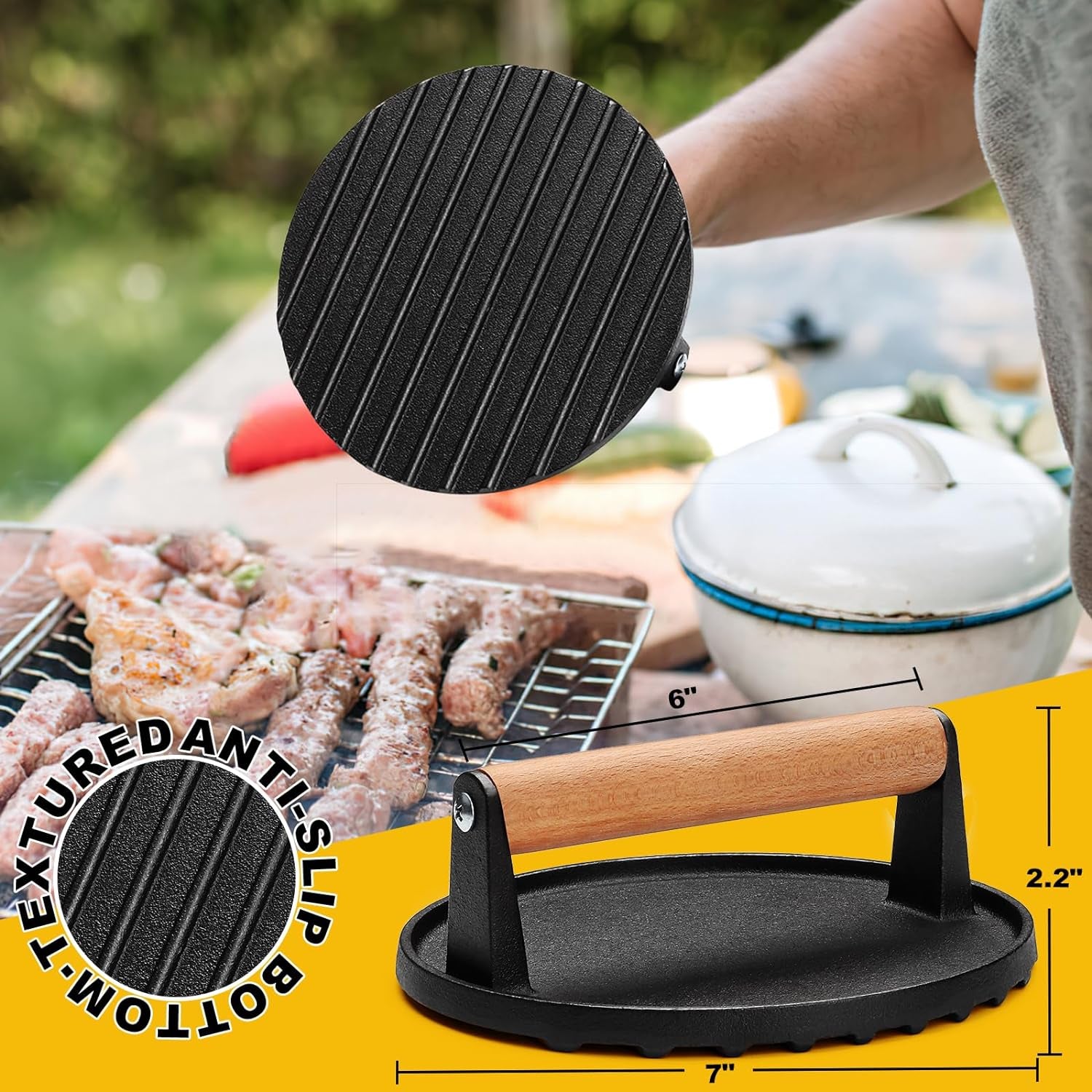 AIVIKI Burger Press, Smash Burger Press for Blackstone Griddle, Heavy Duty Cast Iron round 6.9In Bacon Grill Press with Wood Handle, Meat Steak Weight for Sandwich, Paninis (Round)