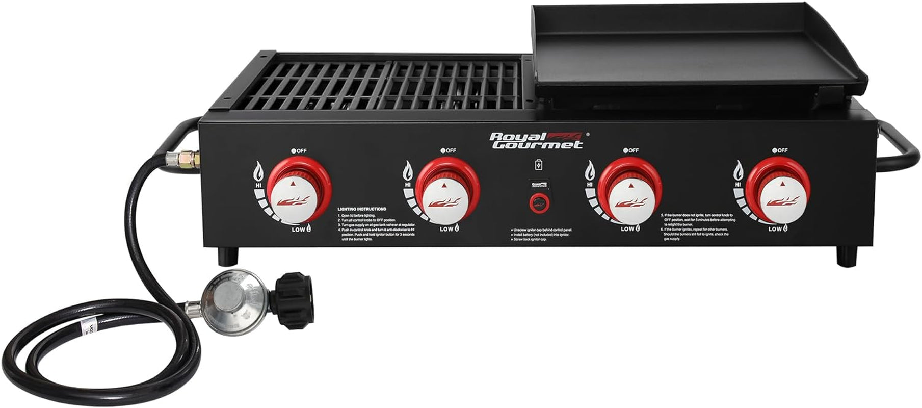 GD4002T Tailgater Tabletop Gas Grill Griddle, 4-Burner Portable Propane Grill Griddle Combo, for Backyard or Outdoor BBQ Cooking, 40,000 BTU, Black