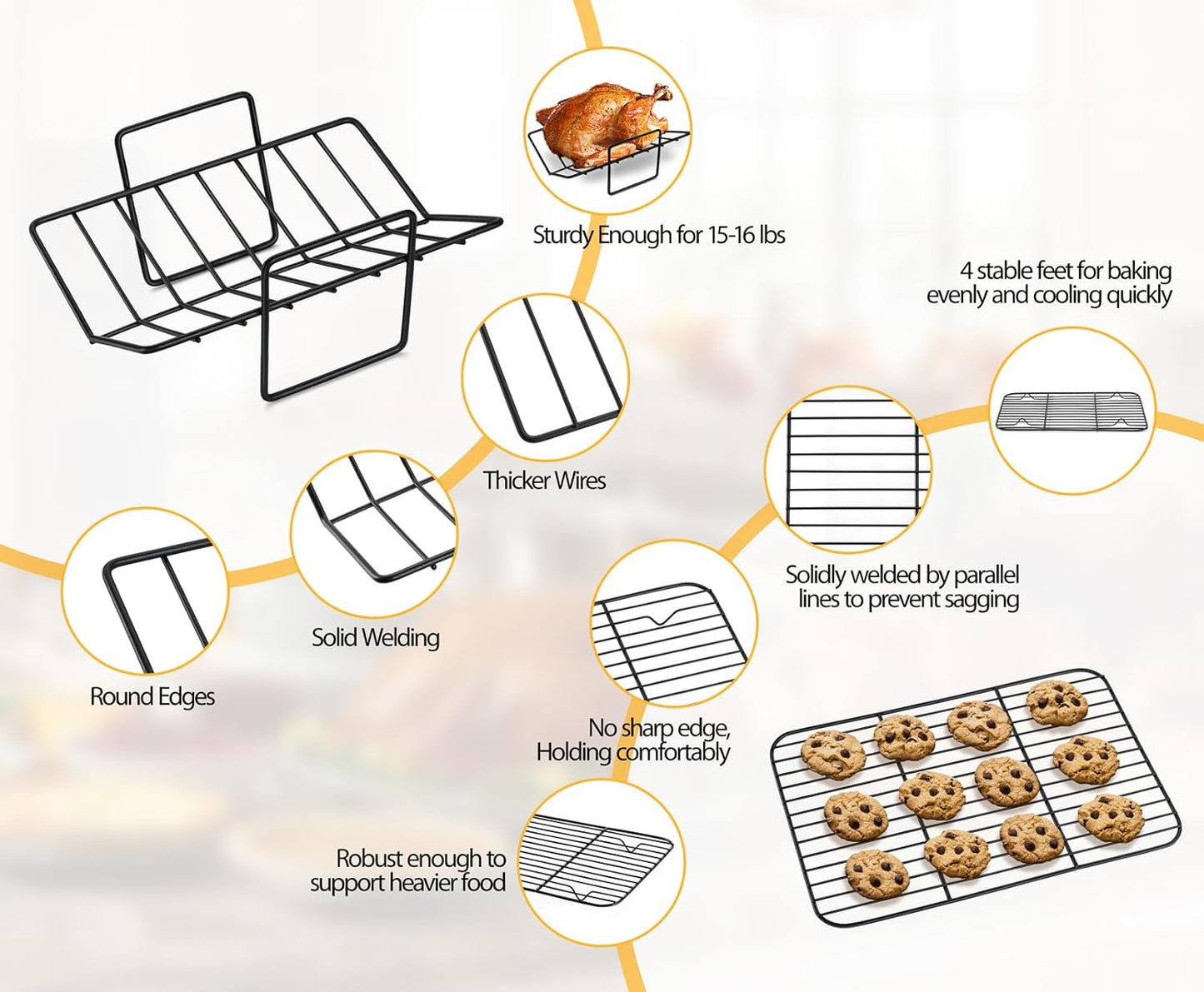 Teamfar Roasting Pan, 14Inch Coated Turkey Roaster Lasagna Pan with V-Shaped Rack & Flat Rack, Non-Stick Coating & Stainless Steel Core, Healthy & Heavy Duty, Deep Sides & Easy to Clean, Set of 3