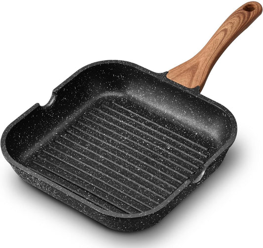 Nonstick Grill Pan for Stove Tops, 9.5 Inch Granite Coating Square Grill Skillet with Pour Spouts, Compatible with All Stovetops (Gas, Electric & Induction), PFOA Free