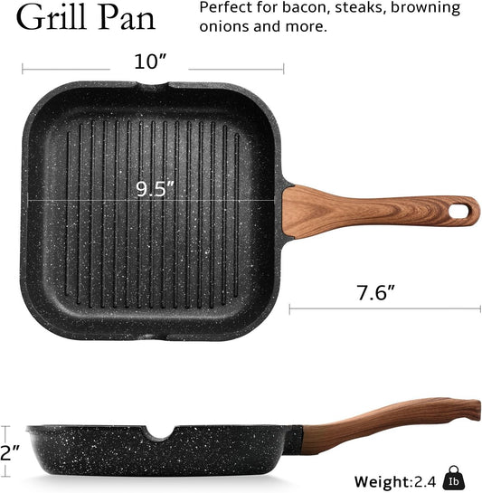 Nonstick Grill Pan for Stove Tops, 9.5 Inch Granite Coating Square Grill Skillet with Pour Spouts, Compatible with All Stovetops (Gas, Electric & Induction), PFOA Free