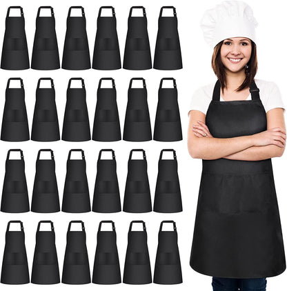 24 Pack Adjustable Bib Apron with 2 Pockets Cooking Kitchen Aprons Black Chef Apron Water Oil Stain Resistant BBQ Work Apron for Women Men Drawing Crafting Outdoors Smock