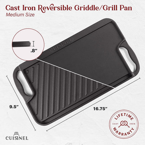 Image of Cast Iron Griddle/Grill + Burger Press + Pan Scrapers - Reversible Pre-Seasoned 16.75" X 9.5"-Inch Dual Handle Flat Skillet and Griller Pan + Cleaning Accessories - Indoor/Outdoor Stove Safe