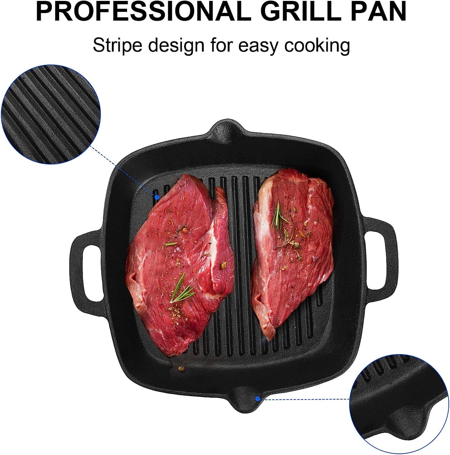 Cast Iron Grill Pan, 10" Square Skillet with Easy Grease Drain Spout and Two Heat Insulated Silicone Handle Cover, Pre Seasoned Grill Pan for Grilling Bacon, Steak, Meats, Camping