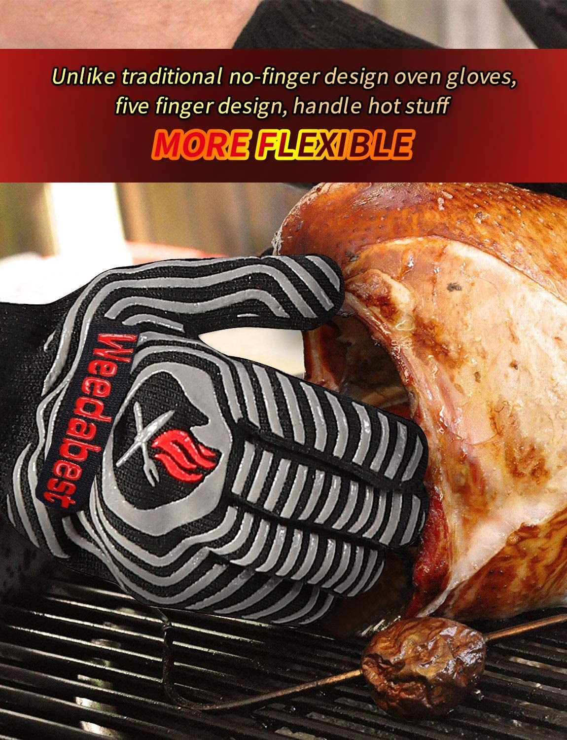 Hot BBQ Gloves Heat Resistant Kitchen Oven Mitts Professional Long Heat Resistant Cooking Gloves for Grill,Grilling,Smoker,Barbeque,13.5 Inch-Gray