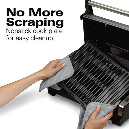 Electric Indoor Searing Grill with Adjustable Temperature Control to 450F, Removable Nonstick Grate, 118 Sq. In. Surface Serves 6, Stainless Steel